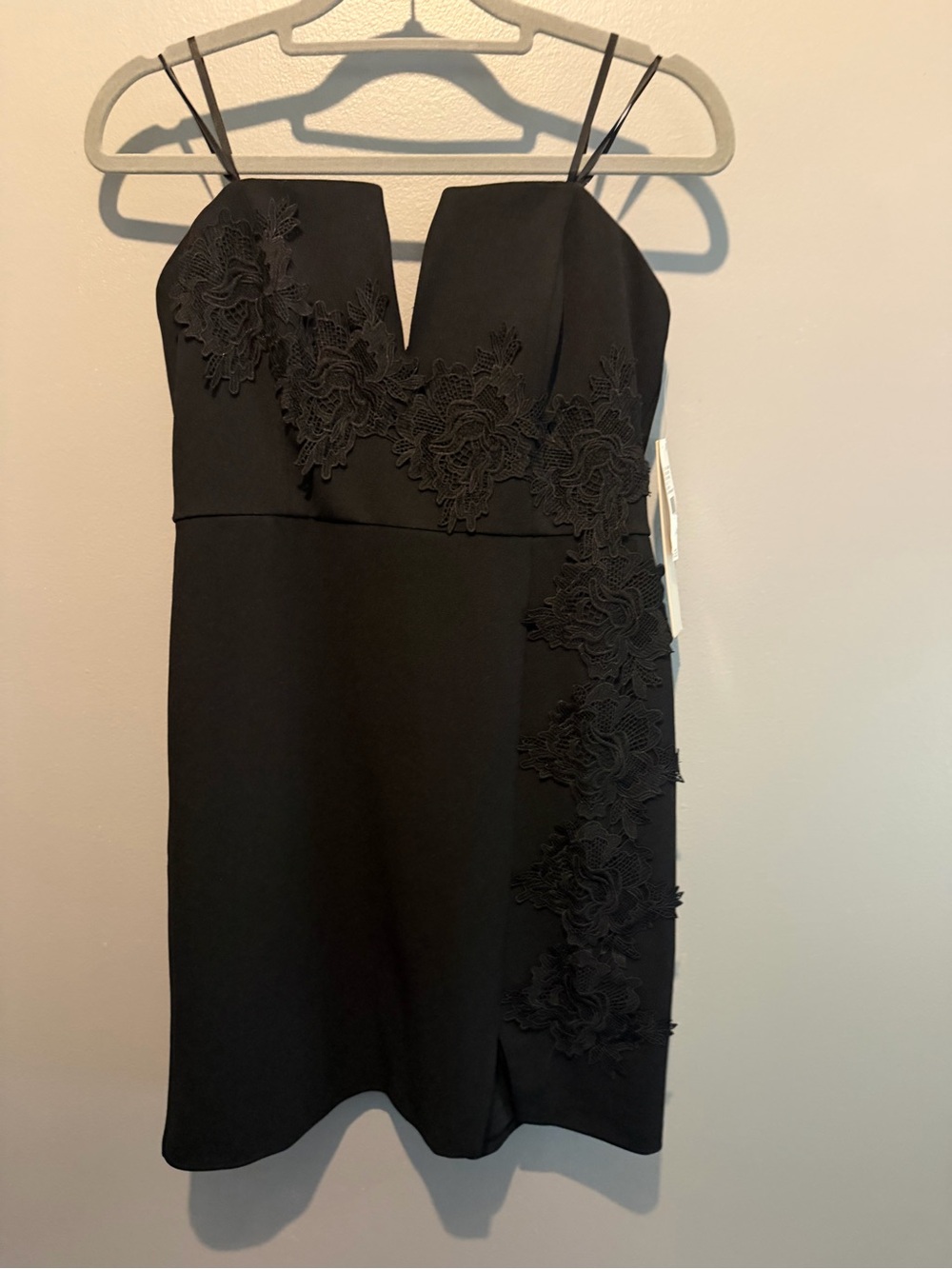 Adrianna Papell Black Lace-Appliqué Spaghetti Strap Mini Dress